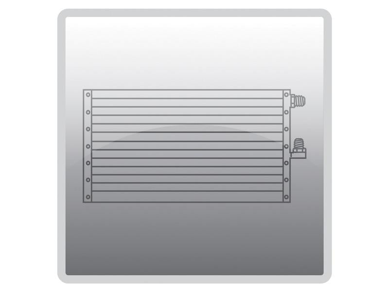 Illustration of a rectangular condenser with horizontal slats and a small attachment on the right side, enclosed in a light gray frame. This condenser, identified by Sparex Part Number S.112089, ensures efficient heat management and pairs seamlessly with other Sparex products.
