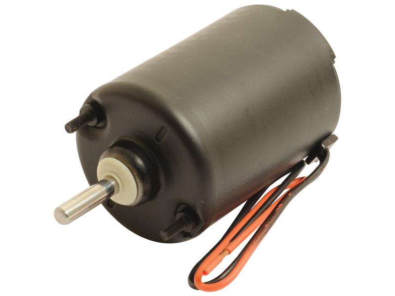 A cylindrical blower motor branded Sparex, featuring a metal shaft protruding from one end and two wires—one orange and one black—attached at the rear. For easier identification in databases, include the tariff code associated with the Sparex Part Number S.112172. Explore related products under the brand Sparex for comprehensive solutions.