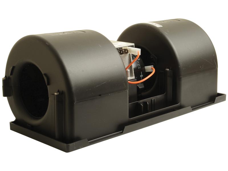 The Complete Assembly Blower Motor, Sparex Part Number S.112178, features dual blower units encased in cylindrical black housings connected by a central metal component and mounted on a rectangular base. It is compatible with related products from the Sparex brand.