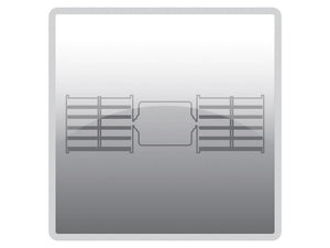 Symmetrical gray icon with two open shelves on both sides and a central whiteboard or screen between them, resembling the organization of the Sparex Blower Motor (Part Number: S.112197) for automotive use under Tariff Code 8708299000.