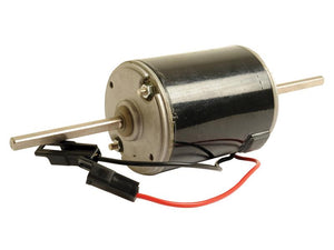 Product Text: The Blower Motor (Sparex Part Number: S.112200) features a cylindrical design with a black casing, two protruding metal shafts on either end, and attached red and black wires with connectors. It is compatible with Sparex related products.