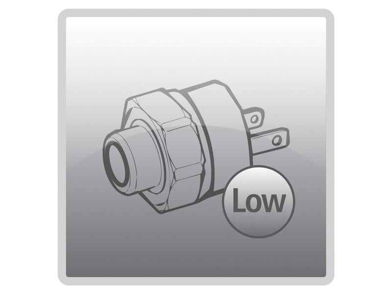 Illustration of a mechanical component with two prongs and a hexagonal fitting, labeled "Low." It is identified as the Low Pressure Switch (Sparex Part Number: S.112248) by Sparex, with an associated tariff code for classification.