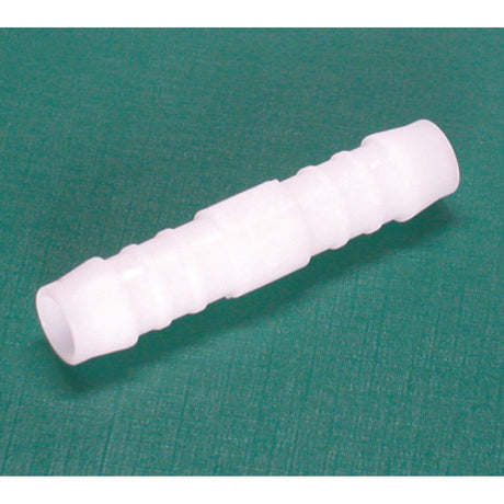 A Sparex Hose Connector Straight GS 6x6mm - S.112484, crafted from white plastic with multiple ridges for secure hose joining, is set against a green background. It is ideal for hydraulic fluid systems.