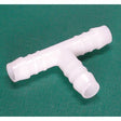 A white plastic hose connector T-type TS 4x4mm - S.112504 by Sparex, designed for use with hydraulic fluid, stands out against a green background.