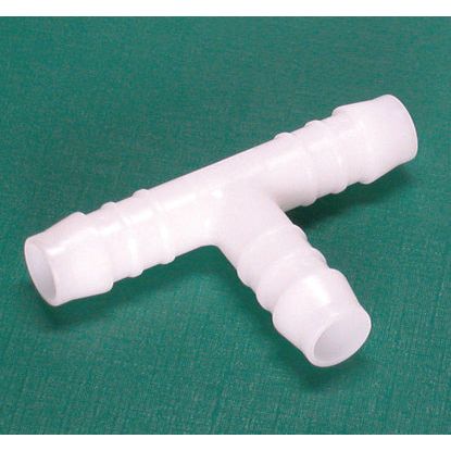 Sparex Hose Connector T-type TS 5x5mm - S.112505, a white plastic barbed T-fitting on a green surface, perfect for managing coolants or brake fluid.