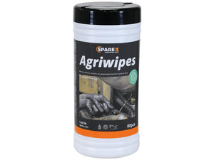 A cylindrical tub of Sparex Hand Wipes (Sparex Part Number: S.112556) contains 80 sheets, each measuring 240 x 200mm, designed to remove oils, adhesives, silicone, grease, and grime from hands and tools. The label includes cleaning instructions and an image of hands being cleaned.