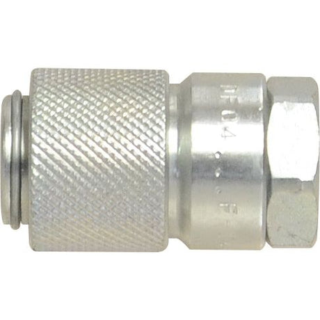 A close-up view of a metallic hydraulic quick-connect fitting with a knurled surface for grip and an NPTF female threaded end, specifically the Sparex Test Nipple 1/8'' NPTF (S.112680) model.