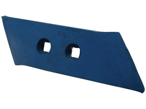 A blue, metallic, rectangular Reversible Plough Point LH with two square holes in the center, supplied with fasteners for secure installation. This product is listed under Sparex Part Number S.113410 and fits as Lemken 3365535.