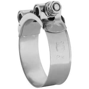 A robust, heavy-duty hose clip with a threaded bolt and nut mechanism, featuring an engraved logo and the word "Pat" on its stainless steel surface, branded as Sparex Heavy Duty Hose Clip: Ø64-67mm, Sparex Part No. S.11390.