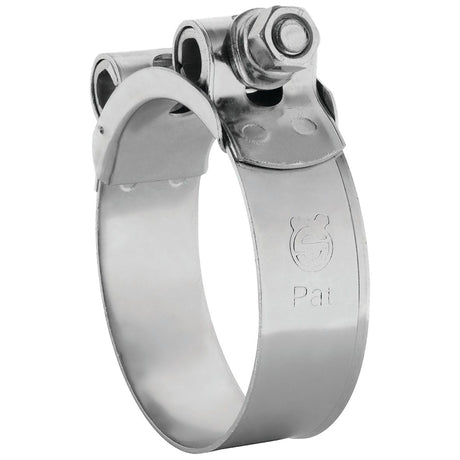 A robust, heavy-duty hose clip with a threaded bolt and nut mechanism, featuring an engraved logo and the word "Pat" on its stainless steel surface, branded as Sparex Heavy Duty Hose Clip: Ø64-67mm, Sparex Part No. S.11390.