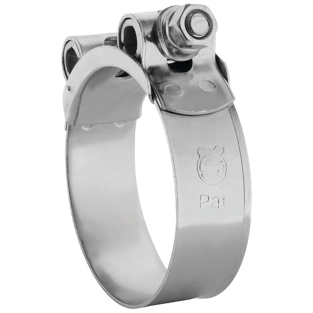 A robust, heavy-duty hose clip with a threaded bolt and nut mechanism, featuring an engraved logo and the word "Pat" on its stainless steel surface, branded as Sparex Heavy Duty Hose Clip: Ø64-67mm, Sparex Part No. S.11390.