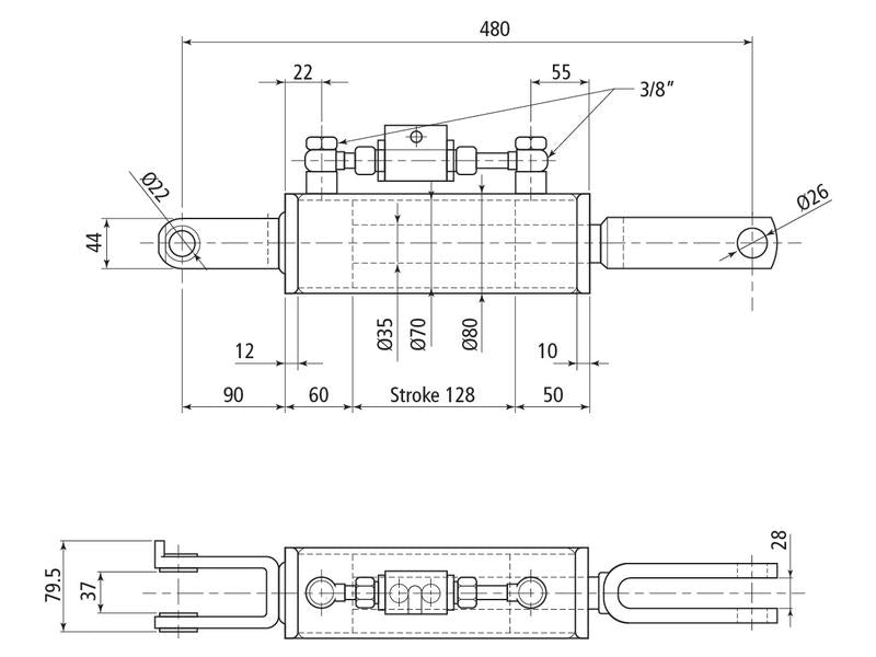 Sparex Hydraulic Levelling Box (Supplied with: Hoses) - Fork Hole Ø 22mm - Fork Hole Ø 22mm - Min. Length: 480mm, Cylinder Bore: 70mm. | S.113926 - Product Image 2