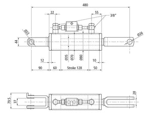 Sparex Hydraulic Levelling Box (Supplied with: Hoses) - Fork Hole Ø 22mm - Fork Hole Ø 22mm - Min. Length: 480mm, Cylinder Bore: 70mm. | S.113926 - Product Image 2