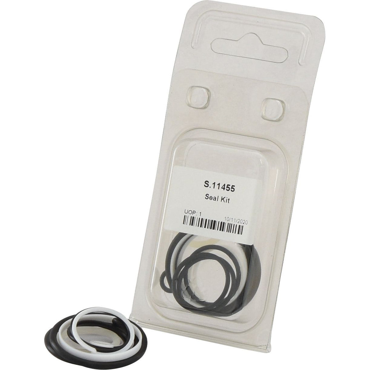 A plastic package labeled "Seal Kit (Breakaway Female Quick Release Coupler) | Sparex Part No. S.11455," containing various black and white rubber rings, with some displayed outside the package; ideal for Ford / New Holland machinery. This Sparex kit ensures your Breakaway Female Quick Release Coupler operates smoothly.