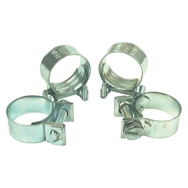 Four Sparex Mini Hose Clips (Sparex Part No. S.11475), each adjustable from a minimum diameter of 14mm to a maximum diameter of 17mm, arranged in a symmetrical pattern with visible screws and adjustable bands, crafted from galvanized steel.