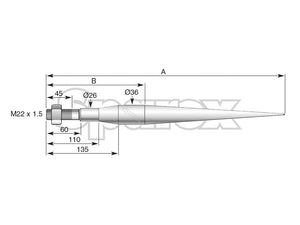 SHW Loader Tine - Straight 720mm, Thread size: M22 x 1.50 (Star) To fit as: 10049506 | S.115027 - Product Image 4