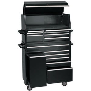 The Draper Combined Roller Cabinet and Tool Chest, 13 Drawer, 42" - DTKTC7C/RC6LC is a heavy-duty solution on wheels, featuring an open top compartment and multiple open and closed drawers, perfect for organizing your tools.