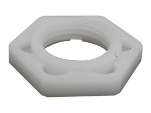 A white hexagonal plastic nut with a smooth finish, featuring a central threaded hole of 1/2'' thread size, known as the BALL VALVE 1/2''-NYLON BACK NUT by Sparex (Sparex Part Number: S.11509).