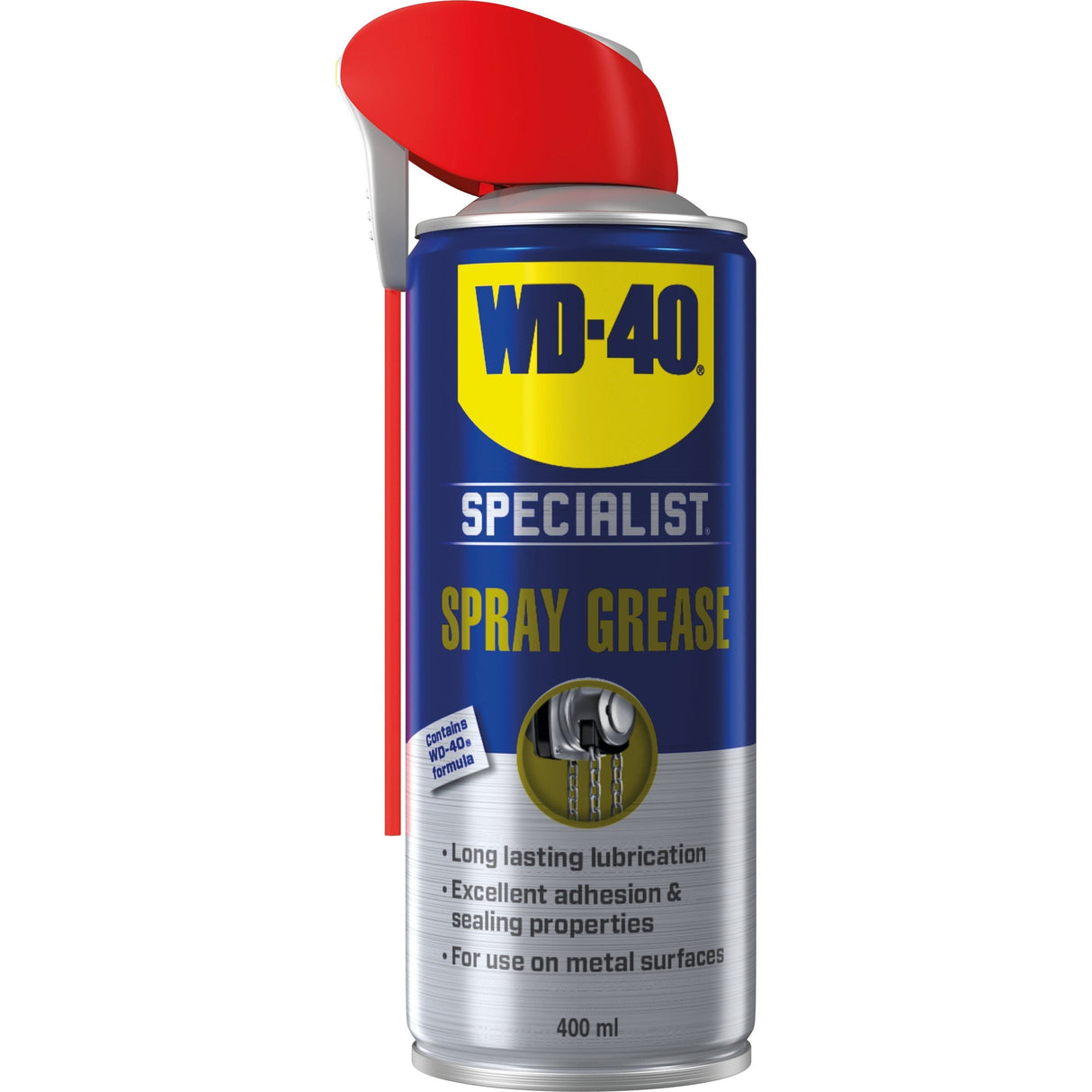 A 400ml aerosol can of Sparex WD-40 Specialist Long Lasting Spray Grease, S.115222, featuring a red nozzle. The product advertises long-lasting lubrication, excellent adhesion and sealing properties, and suitability for use on metal surfaces while being waterproof.