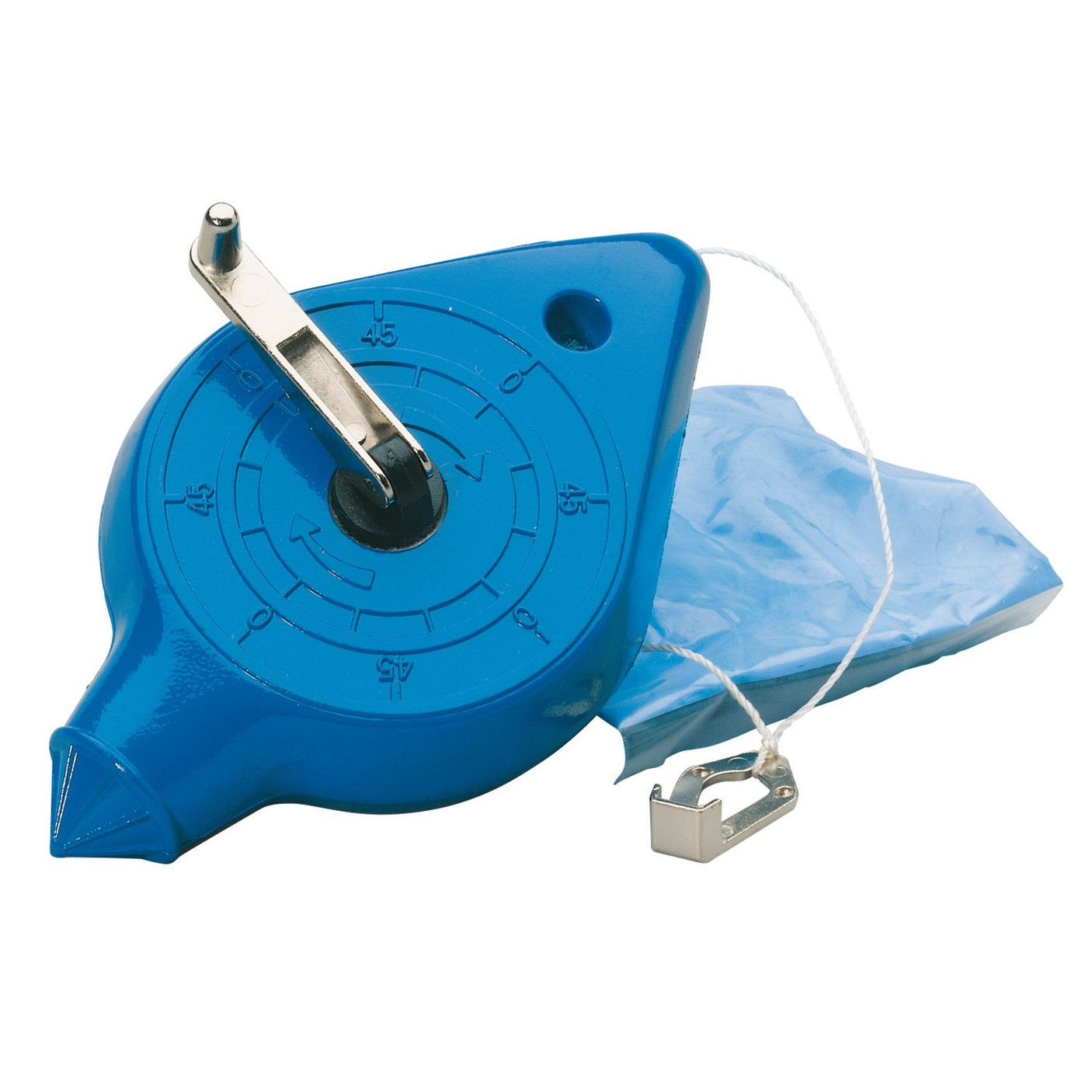 The image shows the Draper Self Chalking Chalk Line, 30M - CL30. This blue chalk line reel by Draper has a diecast metal body, a metal clip attached to a white string, and a blue plumb bag. It also features a filling hole for convenient refilling and supports a self-chalking line.