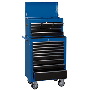 The Draper Combination Roller Cabinet And Tool Chest, featuring 15 drawers and a top compartment with ball bearing runners, is expertly designed for optimal tool organization and storage. Its dimensions are 680 X 458 X 1322mm.