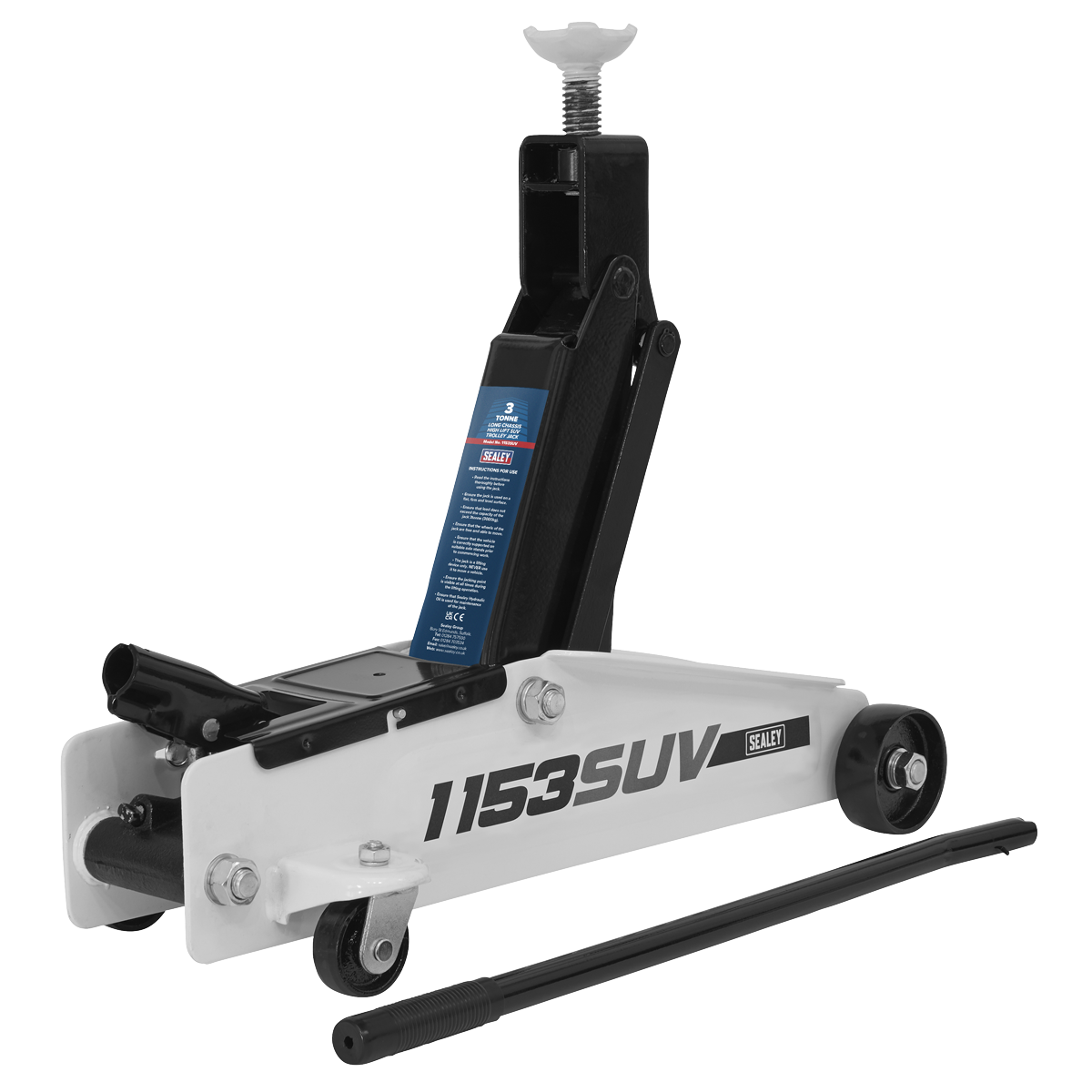 Image of a white Sealey Long Reach High Lift SUV Trolley Jack 3 Tonne - 1153SUV with black components, including a lifting arm and handle. SUITABLE FOR SUVS with HIGH GROUND CLEARANCE, the jack is equipped with wheels for mobility and a blue label with usage instructions.