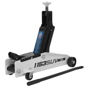 Image of a white Sealey Long Reach High Lift SUV Trolley Jack 3 Tonne - 1153SUV with black components, including a lifting arm and handle. SUITABLE FOR SUVS with HIGH GROUND CLEARANCE, the jack is equipped with wheels for mobility and a blue label with usage instructions.