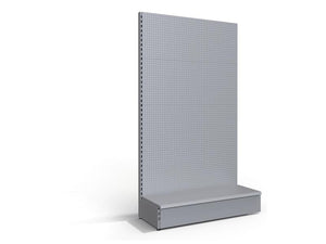 The Sparex Full Height Run-On Display Unit in silver features a single face design, measuring 1 x 2.2 meters. It includes a perforated back panel and a storage base at the bottom, making it perfect for use as a freestanding metal display rack.