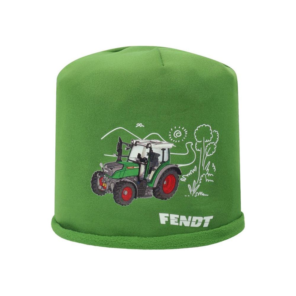 The Fendt Kids Fleece Hat Tractor - X991022095000 by AGCO is a green hat made from Stretch Performance fleece, featuring an illustrated tractor and white nature doodles on the front.