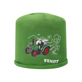 The Fendt Kids Fleece Hat Tractor - X991022095000 by AGCO is a green hat made from Stretch Performance fleece, featuring an illustrated tractor and white nature doodles on the front.
