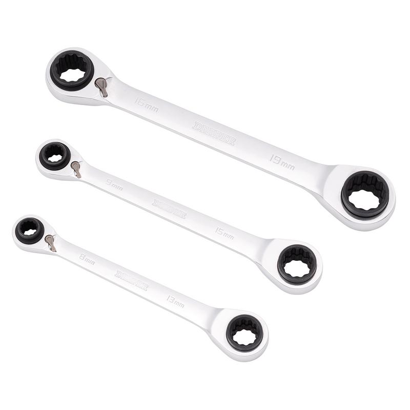 Metric 4-in-1 Reversible Double Ring End Ratchet Spanner Set (3 Piece)