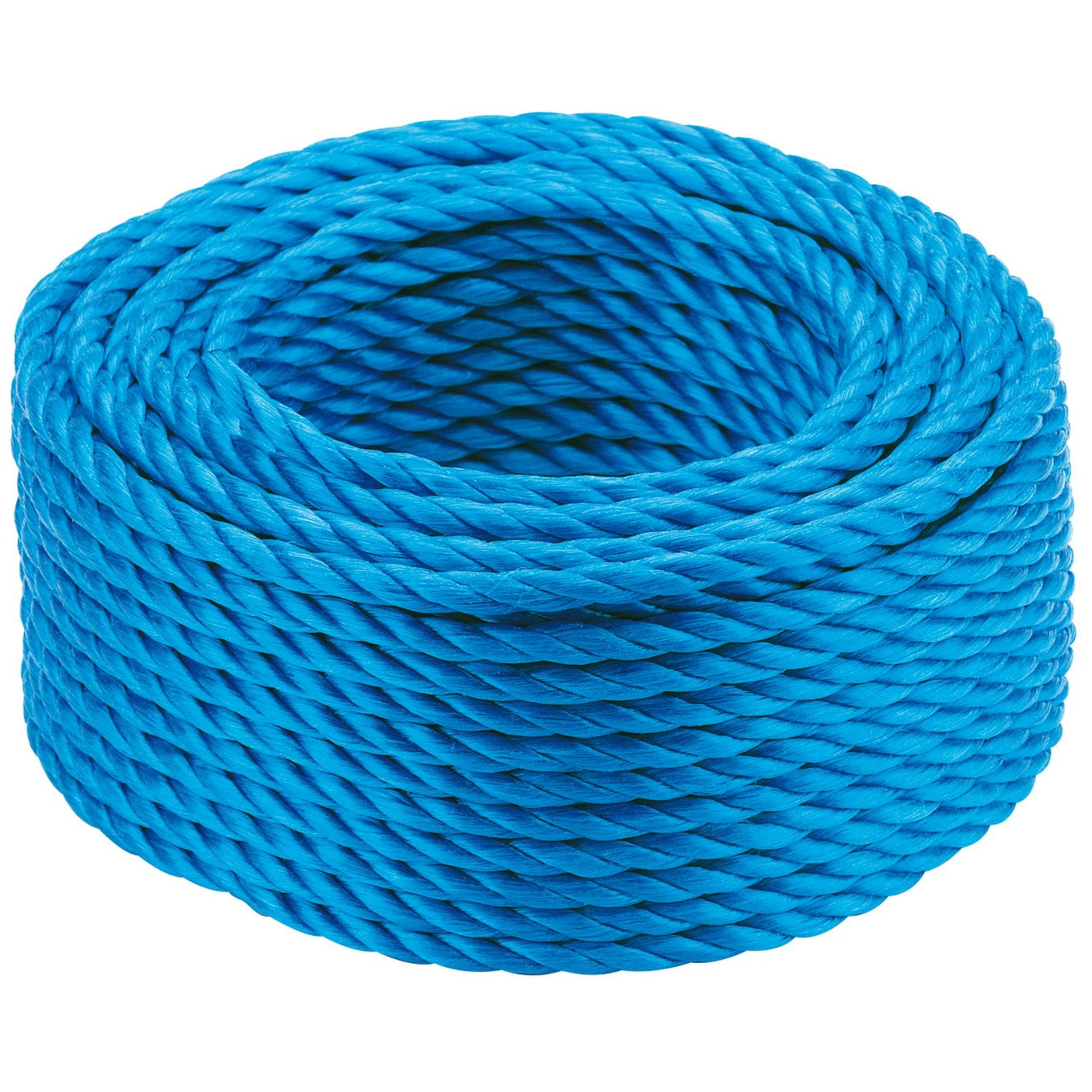 The Draper Polypropylene Rope, 30M X 6mm - 662 is a weather-resistant, coiled blue rope ideal for a variety of uses.