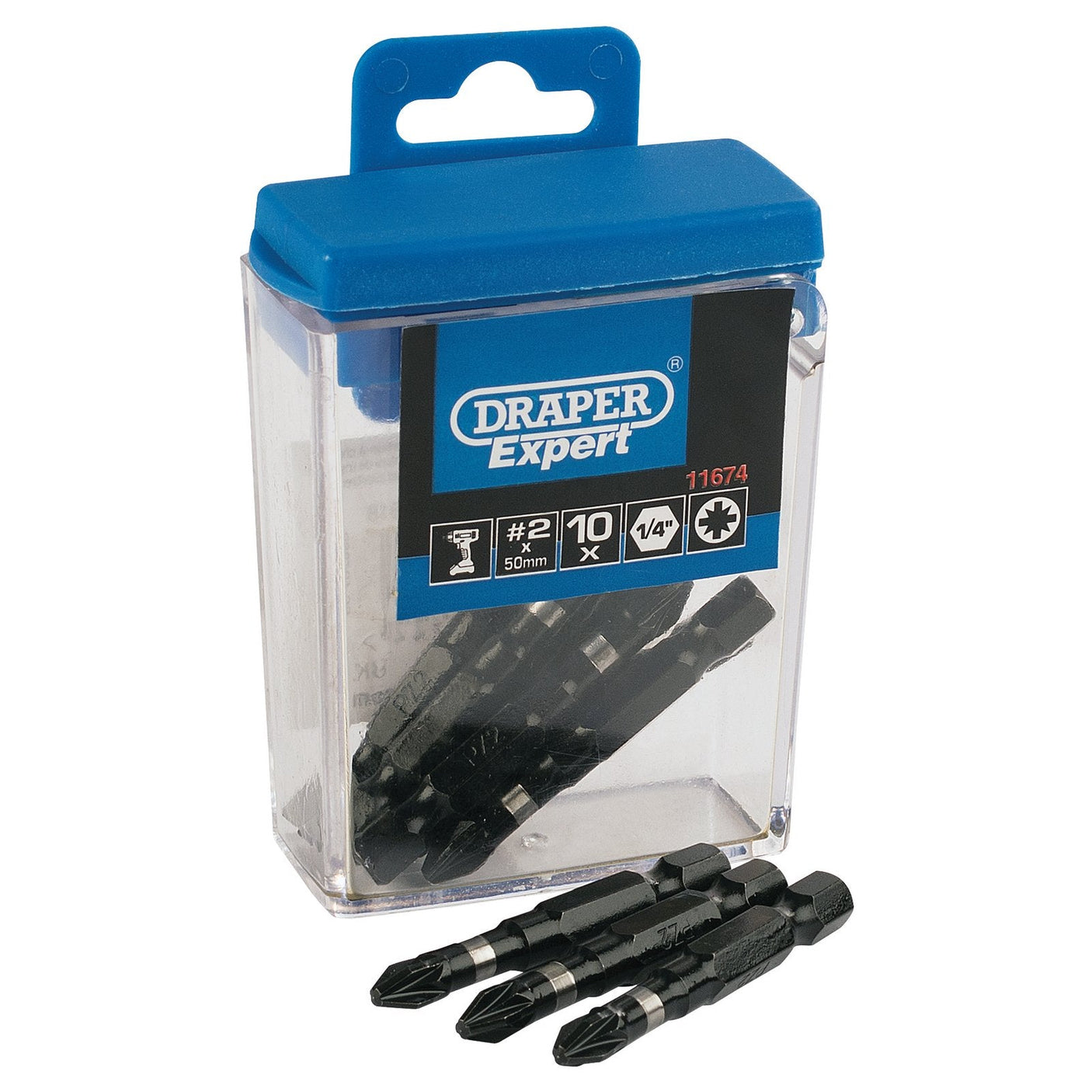 A Draper product labeled "Draper Pz Type Impact Bits, No.2 x 50mm (10 Piece) - IBPZ2/50" includes several PZ2 impact screwdriver bits in a clear plastic box with a blue lid. Three of the bits are displayed in front. The label indicates "#2, 50mm, 10x, 1/4." Model number is 11674 and it is ideal for use with impact drivers.