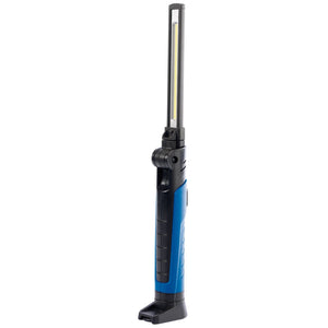 The Draper Cob/Smd Led Slimline Inspection Lamp (RIL/SL700/BNC) is a 7W blue and black handheld lamp featuring a rectangular head, built-in stand, magnetic base, and dimming function with an output range of 70 to 700 lumens. It comes with one USB cable.