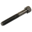 Close-up of the Sparex Socket Capscrew (S.11698), a black metal fastener featuring a ribbed cylindrical head and threaded shaft, boasting 12.9 tensile strength, with dimensions of 3/8''x2 1/2'' UNF (BS2470-1936).