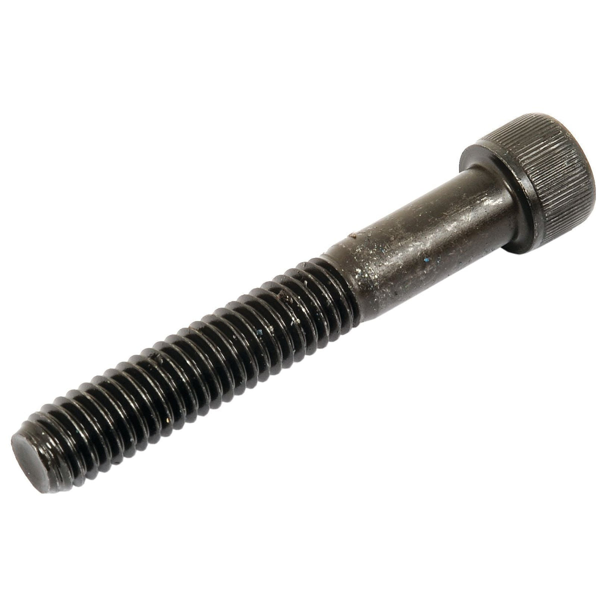 Close-up of the Sparex Socket Capscrew (S.11698), a black metal fastener featuring a ribbed cylindrical head and threaded shaft, boasting 12.9 tensile strength, with dimensions of 3/8''x2 1/2'' UNF (BS2470-1936).