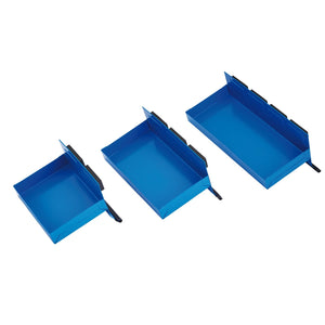 Three blue rectangular Draper Magnetic Tool Trays (MPTTS/3) of varying sizes, made of powder-coated steel with black label holders attached to one side, placed on a white background.