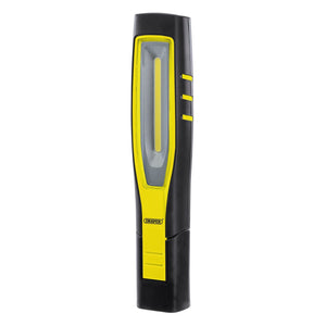 The Draper Cob/Smd LED Rechargeable Inspection Lamp, 10W, 1,000 Lumens in yellow features an elongated design with a built-in stand at the base and a convenient battery power indicator.