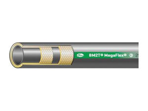 Close-up of a green Gates Hydraulic Hose - 1/2'' 2SC 2 Wire Compact (Sparex Part Number: S.118125) labeled "8M2T MegaFlex," displaying its internal structure with layers of reinforcement, designed to meet ISO 11237 standards. This Sparex hose is built to handle maximum working pressure while ensuring high burst pressure resilience.