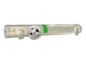 The Filter Drier (Sparex Part Number: S.118258) by Sparex is a metallic cylindrical component with connecting ports, a green label, and an overall height marked by Sparex.