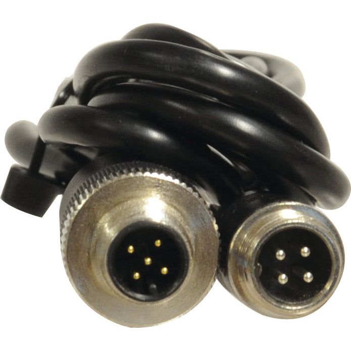 Close-up of a coiled black Camera Adaptor Cable, 1m (Sparex Part No. S.118453) with M12 connectors featuring four pins each, by Sparex.