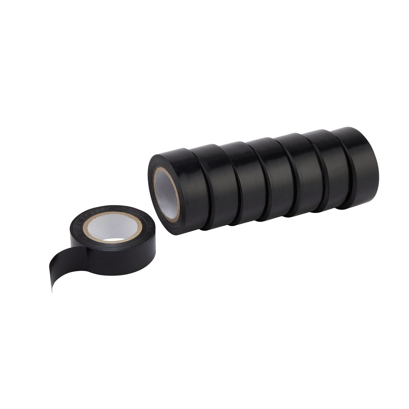 A partially unrolled roll of black electrical tape lies beside six neatly stacked identical rolls of Draper Expert Insulation Tape, 10M X 19mm, Black (Pack Of 8) - 619, renowned for its PVC flame-resistant properties.