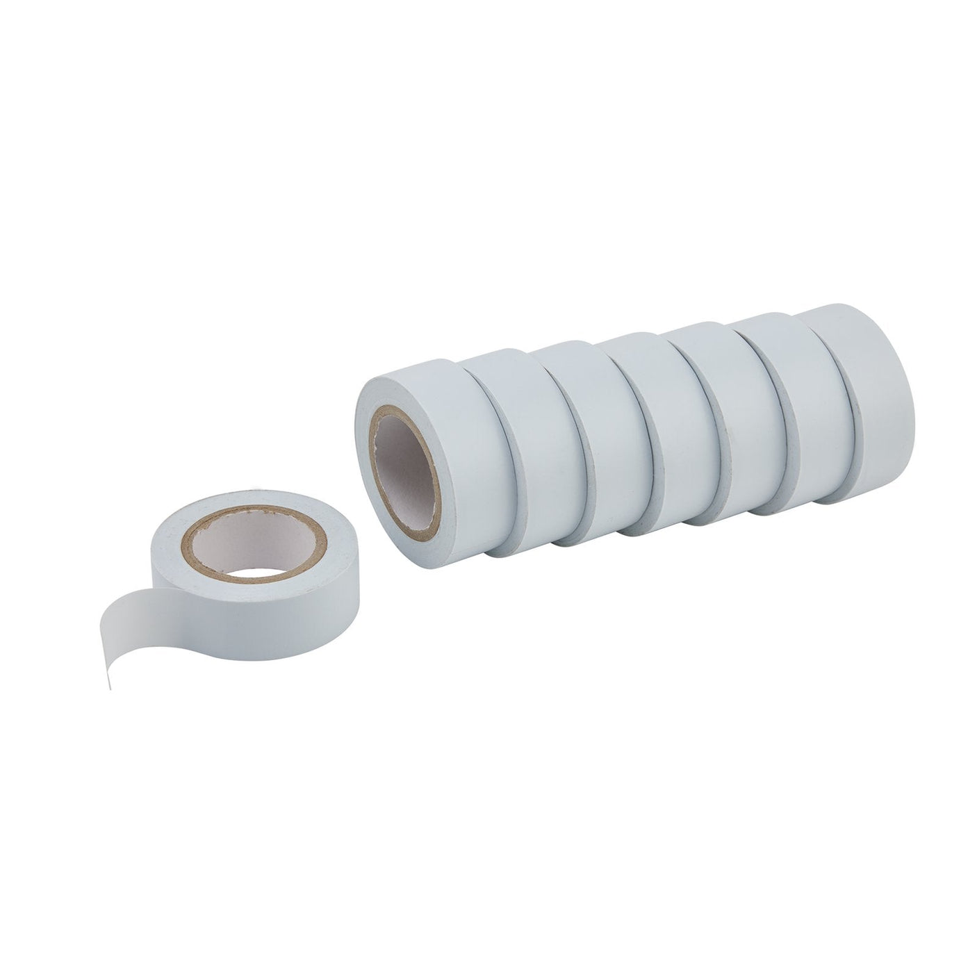 Eight rolls of Draper Insulation Tape To Bsen60454/Type2, 10M X 19mm, White (Pack Of 8) - 619 are arranged in a row, with one roll slightly unrolled in the foreground.