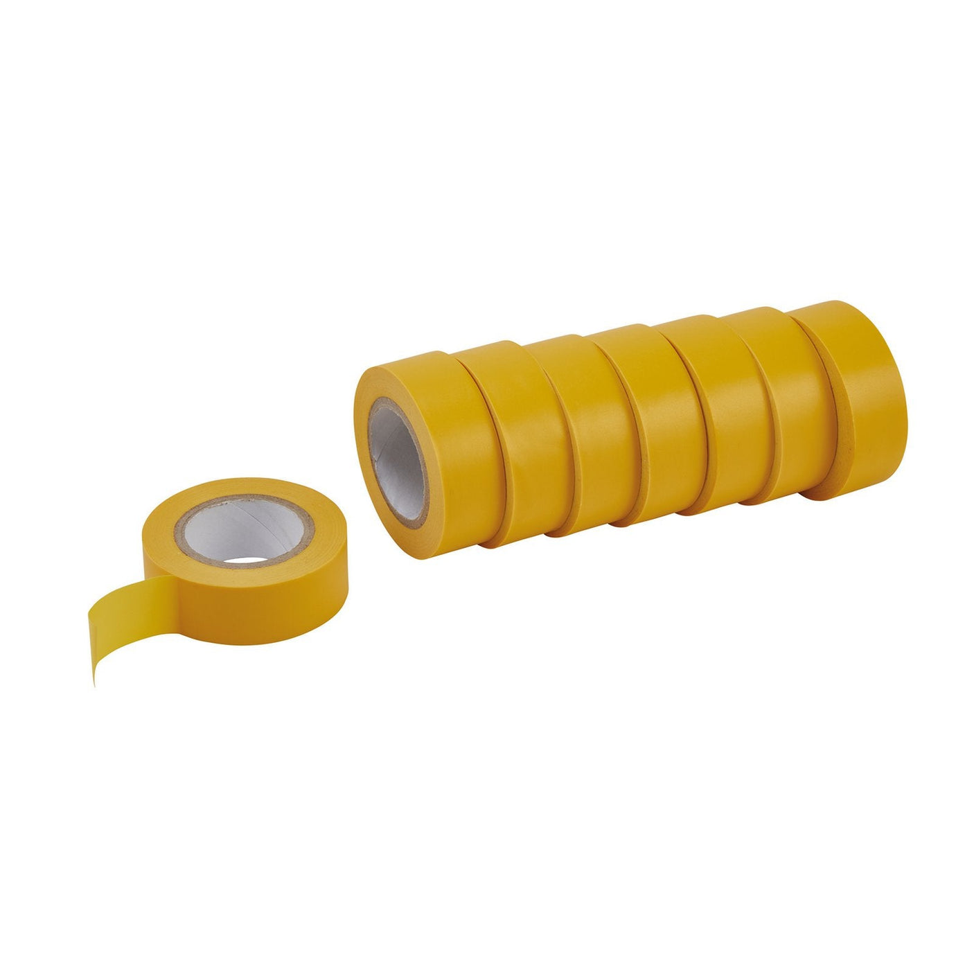 Seven rolls of Draper Insulation Tape To Bsen60454/Type2, 10M X 19mm, Yellow (Pack Of 8) - 619 are stacked horizontally on the right side, with one roll partly unrolled and positioned on the left side.