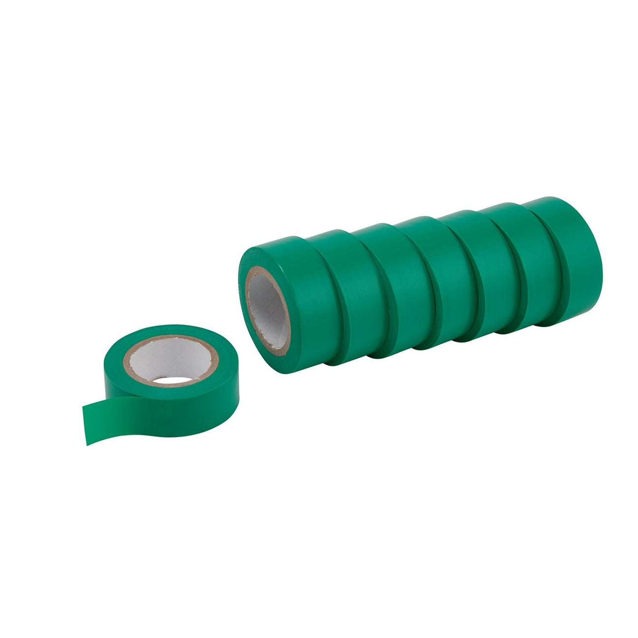 A roll of Draper Insulation Tape To Bsen60454/Type2, 10M x 19mm, Green (Pack Of 8) - 619 is partially unrolled next to seven additional rolls of the same tape stacked together.