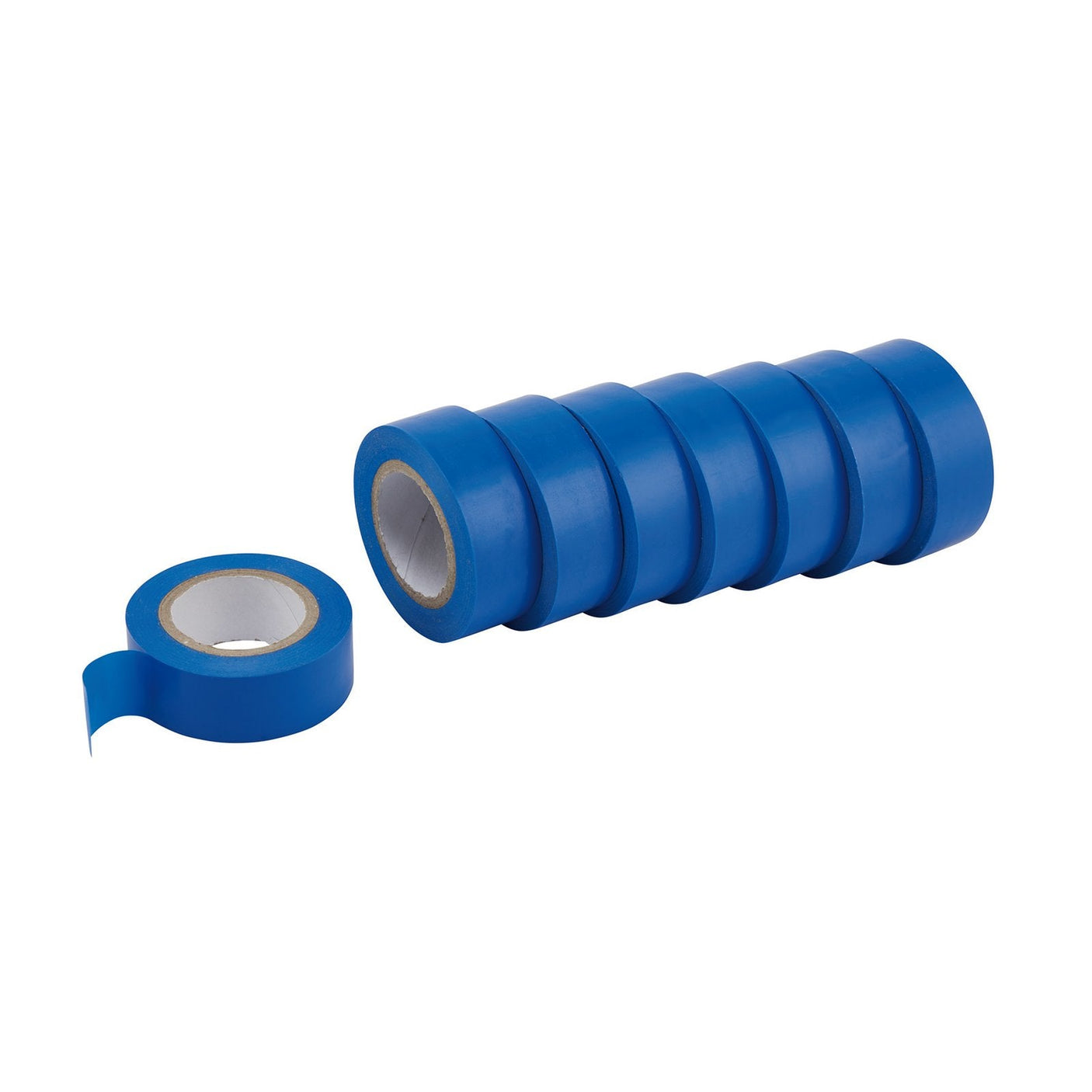 Seven rolls of Draper Blue Insulation Tape (10M x 19mm, Pack Of 8) are stacked horizontally with one roll partially unwrapped in front.