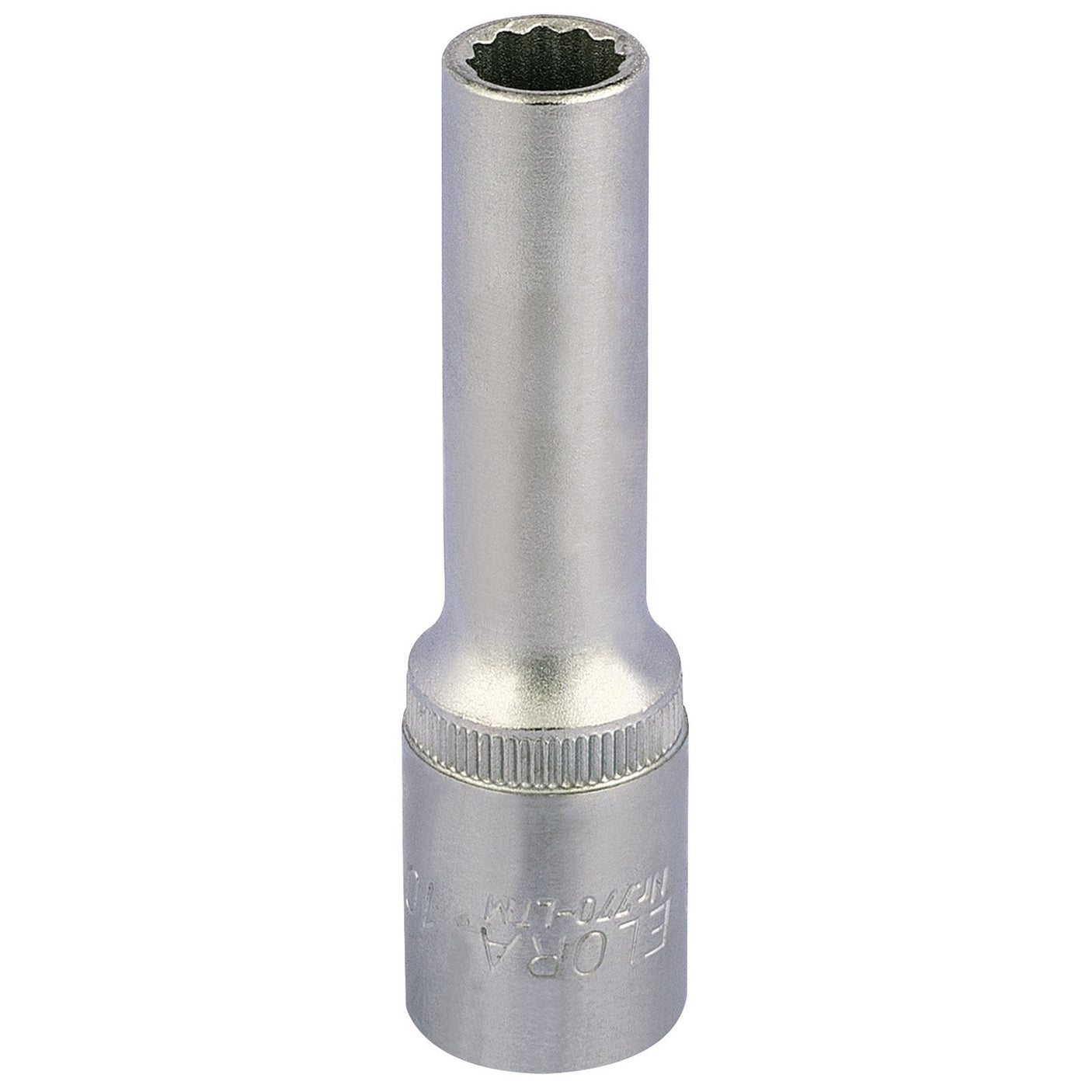 The Draper Elora Deep Bi-Hexagon Socket, 1/2" Sq. Dr., 10mm - 770-LT 10 from Draper is a silver, cylindrical socket wrench head crafted from durable chrome vanadium steel. It features a 12-point opening on one end and a grooved grip in the middle, with premium construction ensuring excellent corrosion protection.