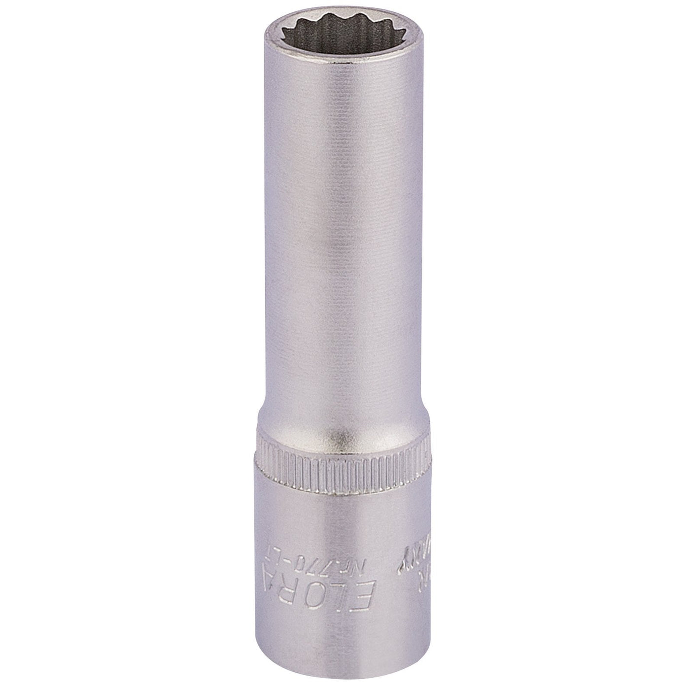 The Draper Elora Deep Bi-Hexagon Socket, 1/2" Sq. Dr., 13mm - 770-LT 13 is a silver, cylindrical wrench attachment made from durable chrome vanadium steel. It features a knurled grip section and a star-shaped interior opening for fastening applications, meeting DIN 3124/ISO 2725 specifications.