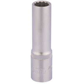 The Draper Elora Deep Bi-Hexagon Socket, 1/2" Sq. Dr., 13mm - 770-LT 13 is a silver, cylindrical wrench attachment made from durable chrome vanadium steel. It features a knurled grip section and a star-shaped interior opening for fastening applications, meeting DIN 3124/ISO 2725 specifications.