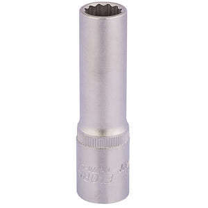 The Draper Elora Deep Bi-Hexagon Socket, 1/2" Sq. Dr., 13mm - 770-LT 13 is a silver, cylindrical wrench attachment made from durable chrome vanadium steel. It features a knurled grip section and a star-shaped interior opening for fastening applications, meeting DIN 3124/ISO 2725 specifications.